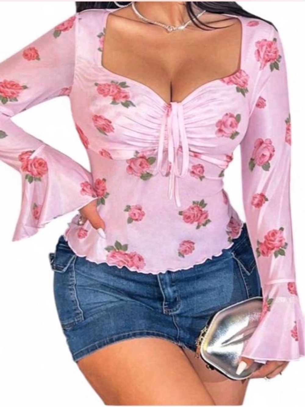 Vintage Y2K vibes Pink Floral Sweetheart Tie-Front Women's Top